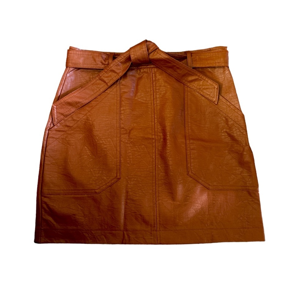 Shinestar, PU Leather Croc Embossed Belted Mini Skirt, Cognac, Size S